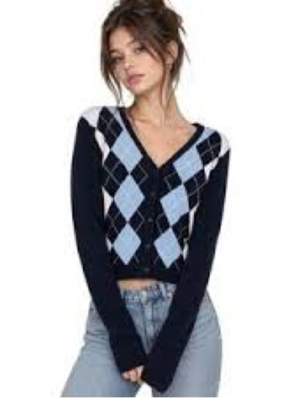 Brandy Melville John Galt Elizabeth Argyle Cardigan Navy Light Blue White Cotton - Picture 2 of 10